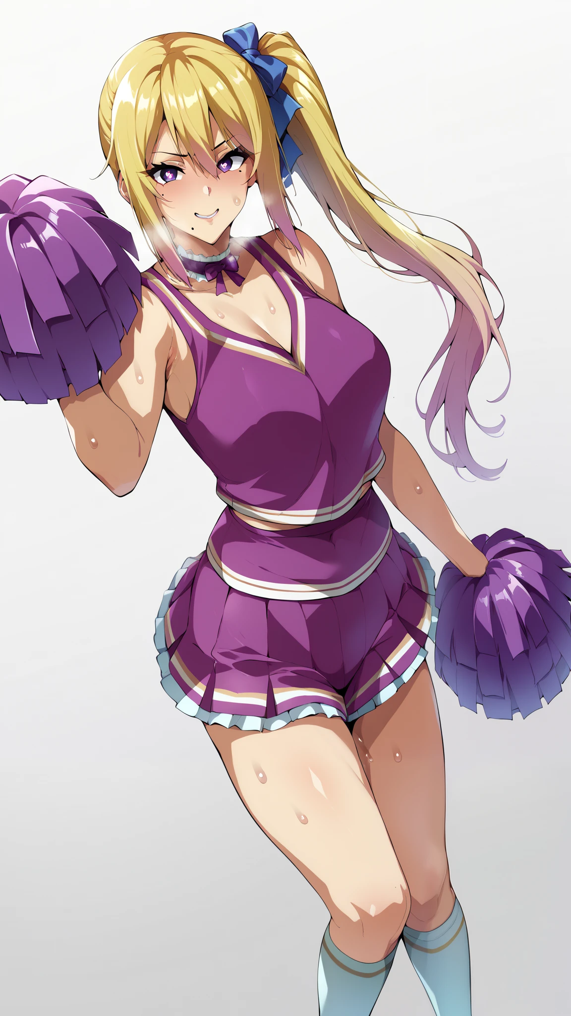 front、Ultra-detailed illustrations、Ultra-precise expression、masterpiece、Highest quality、ultra High resolution、High resolution、Hiromitsu Takeda Style、Angle from the side、White background、Simple Background、Character portrait、One girl、solo、Kawakami Mai (musaigen no phantom world)、blonde, light blonde hair, side ponytail, hair ribbon with dark blue、purple eyes, pink heart pupils, mole under eye, cheerleader、frilled skirt、separate、Knee-high socks、Choker of Hearts、White Breath、Sweat、