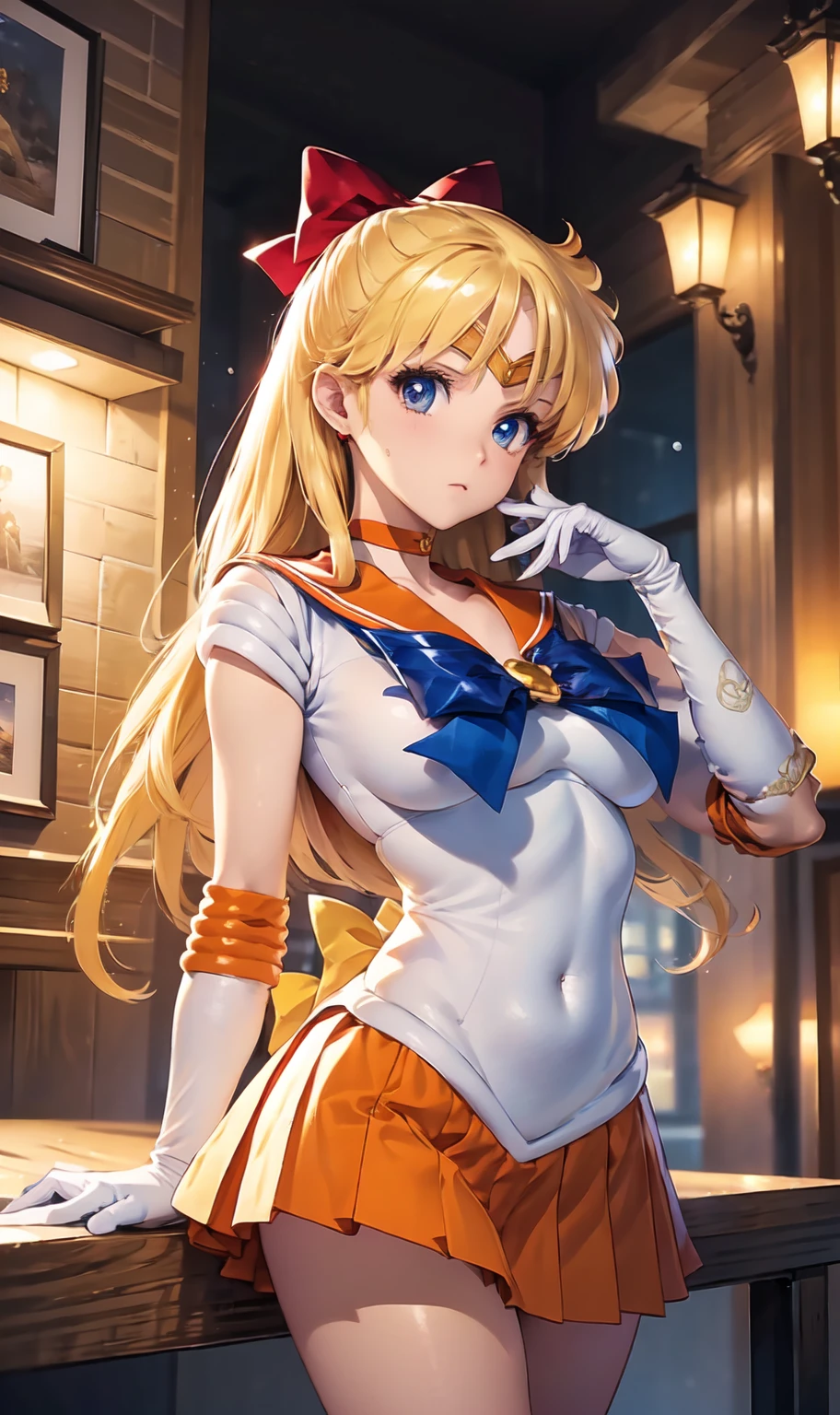 (Masterpiece, Best Quality ) (sailor venus), rubio, SV1, Marine Senshi in uniform, Orange Skirt, elbow gloves, orange sailor collar, red bow, orange choker, white gloves, jewelry, Blue eyes, visible navel, under the chest, sitting on a windowsill in a black bra and cuffs, wrapped in leather straps, leather cuffs around the wrists, content, harnesses and garters, handcuffed, wifes,  dominant pose, sexy dominant pose,