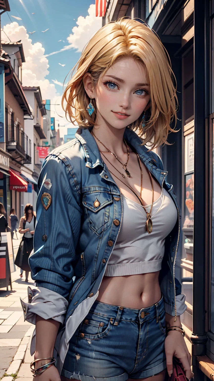masterpiece, best quality, sexy girl, a fairly slender figure, perfect bodyShe has white-grey hair , she has short hair and large pale green eyes, crop top, denim shorts, choker, (graffiti:1.5), leather jacket with fur, paint splatter, arms behind back, walking down the street, looking at viewer, armband, paint on body, head tilt, bored, headset,