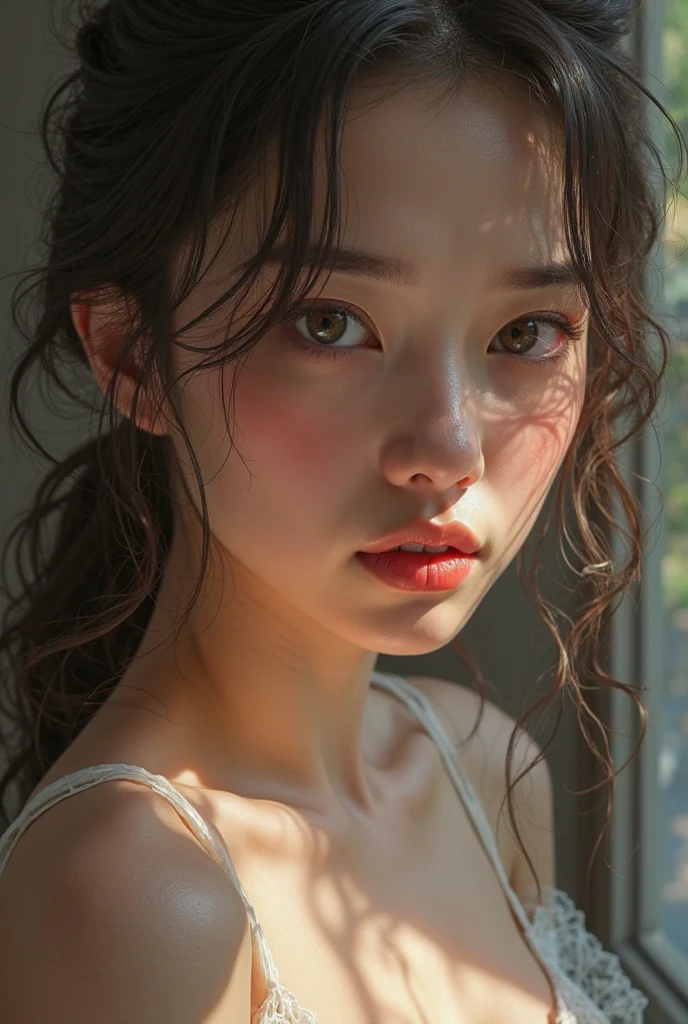 Realistic 8K cg, dramatic light, Rembrandt lighting scheme, Background Seoul, beautiful eyes, Thin eyebrows, small nose, natural lip, Modest clothing, Korean female, about 25 of age, detailed face, detailed hair