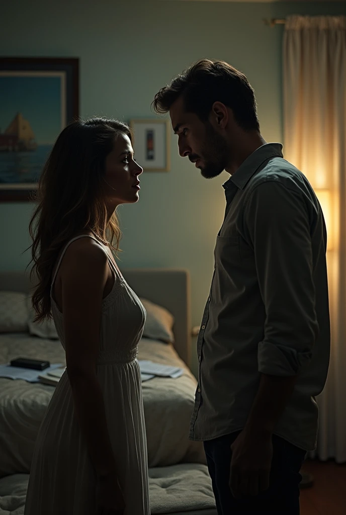 woman in a towel, leaving the bathroom and finding a man in the room.