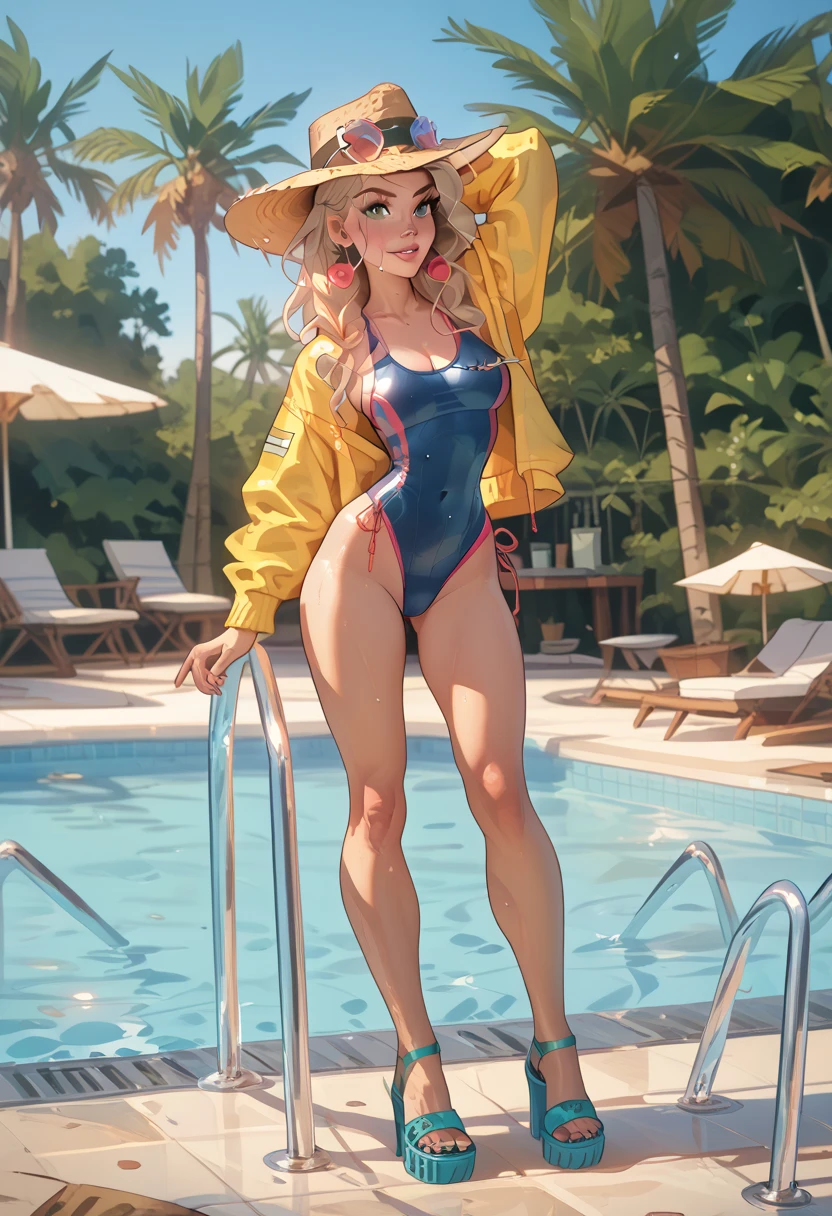 Highest quality,Highest Resolution,Sailor leotard(((2People and above)))A beautiful girl with a crying face,High leg,(((Tback))),Very beautiful eyes,Competition Pool,(((Holding a drink in your hand))),(((Open your mouth))),(((Dripping saliva))),sunny,blue sky,sweat profusely,Red tie,whole body,