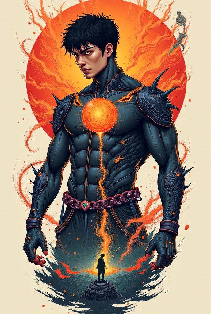 a male character on a neutral background with an extreme expression of anger with orange eyes crying a magma liquid --auto --s2