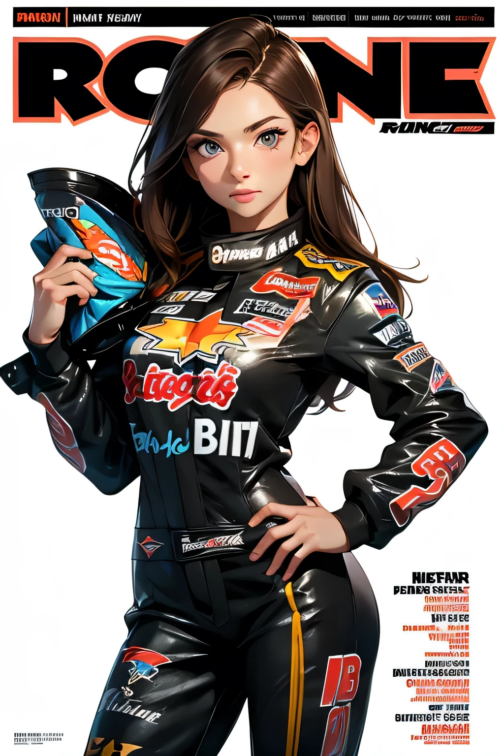 Racing magazine cover . Beautiful brunette girl . She is 30 years old .black eyes . She's wearing a racing suit . She won the .
