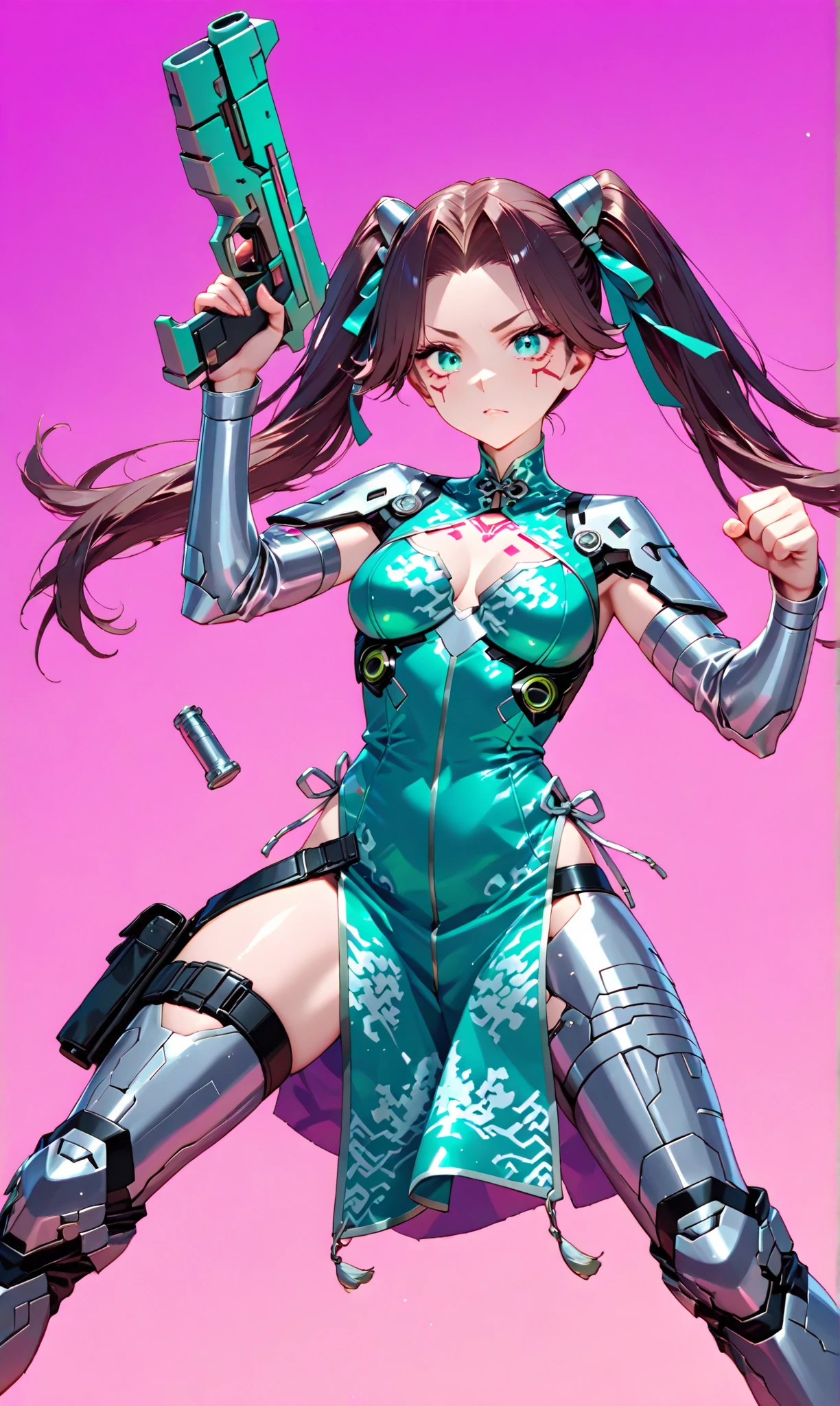 ((big、bullets envelop her. ))、girl with jet black twin tails tied with ribbons, wearing a teal colored china dress with silver decorations, Grab a pistol, Her opponent's bullets surround her with slow movements, Floating in a neon-lit cyberpunk back alley.  （cyberpunk shootouts:1.3)

