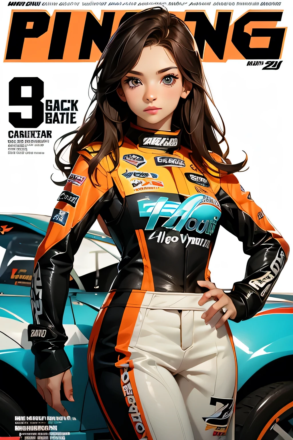 Racing magazine cover . Beautiful brunette girl . She is 30 years old .black eyes . She's wearing a racing suit . She won the .