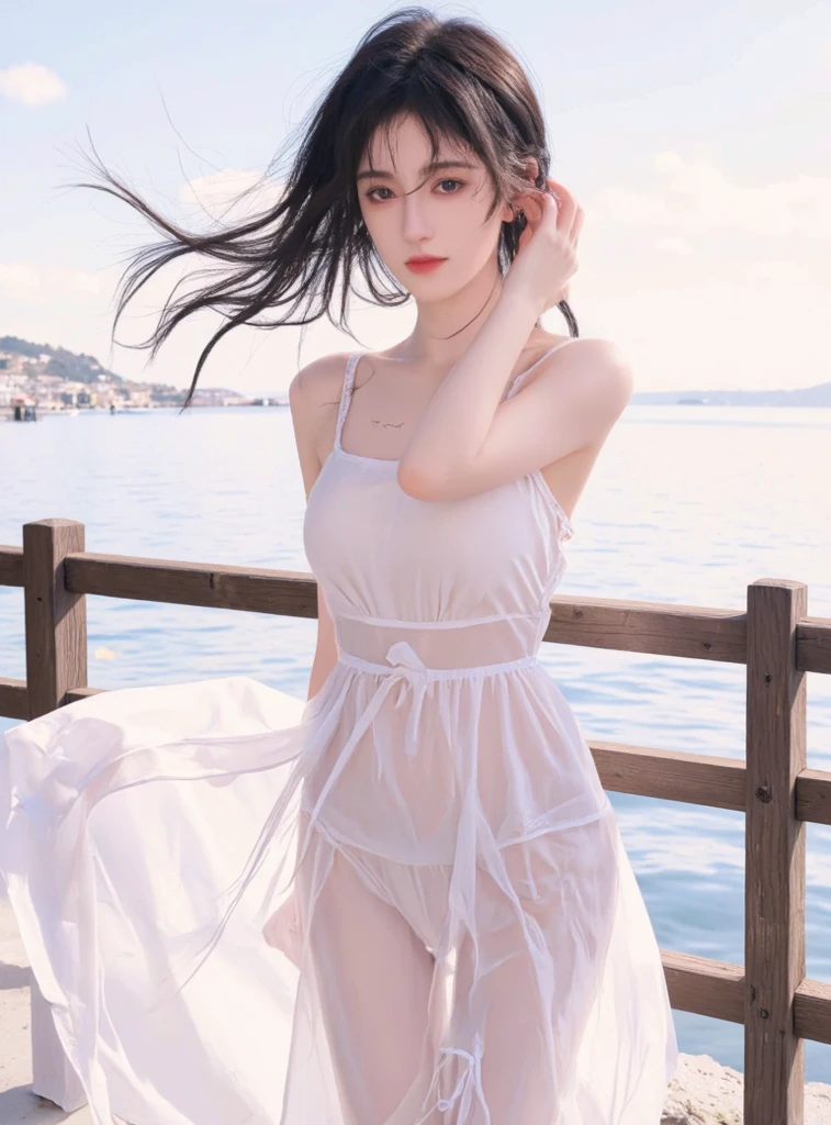 masterpiece,((Clear lines)),  Limited edition palette,Highest quality, Flat Color, Low contrast, ((One girl)),(((Very delicate and beautiful girl))),(Beautifully detailed face),(Beautiful attention to detail),{Long Hair},Flower Hair Ornaments,((Middle chest)),Long black hair,Hair Ribbon,Sexy Sailor Suit , Are standing,((View your viewers:1.6)), View from below,Beautifully detailed skies,Bright sky,Cumulonimbus,sunlight, (Detailed Light),Lighting,colorful,Ocean,Beach, bridge,The way to school,Skyscraper, 