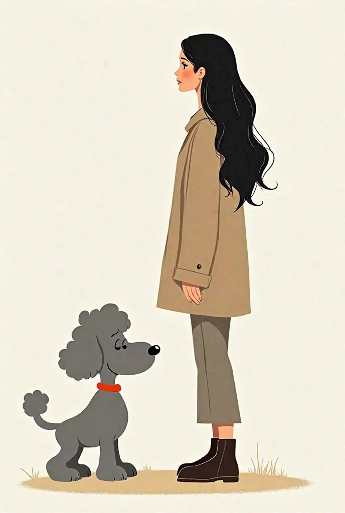 An illustration in the style of the Snoopy comics, depicting a long-haired dark-haired woman in a neutral outfit and a female gray poodle dog The art must have simple and expressive features, soft colors and the classic look of the Snoopy comic strips
