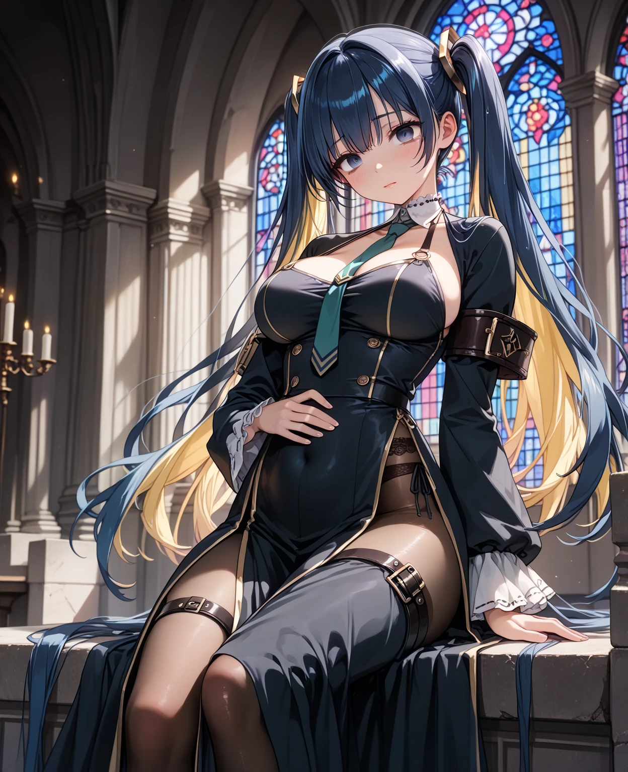 ((Biologically correct number of limbs、correct hand drawing))、((full body shot, Full body photo including face、head to toe photo))、[NSFW]、4K、masterpiece、((focus on the face、Shoot with focus on the face)), , ((Cute symmetrical face))、Full Beautiful Girl、Beautiful woman、slender body、(small butt、thin thighs）、((Blue blazer and off-shoulder shirt、blue box pleat skirt、(black high heels、black fishnet tights、anklet))、small earrings、necklace、turn away from the viewer、The subject is far away、shallow depth of field、wide angle focal length、Low - Angle、realistic pictures、(In front of the stained glass shining in the dark night)、
