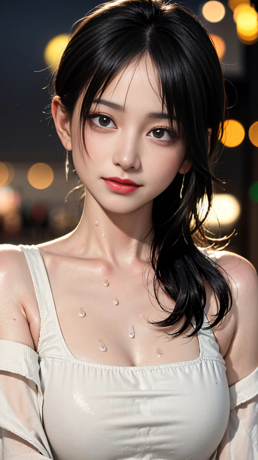((Night in the city、highest quality、Masterpiece、High resolution))、(((Zoom photo of upper body、Wet body、Wet Hair)))、(A shy smile:1.2)、One 15-year-old female、Beautiful Skin、Beautiful Eyes、Large Breasts、Micro Bikini、Black Hair、Straight Hair、Trimmed bangs