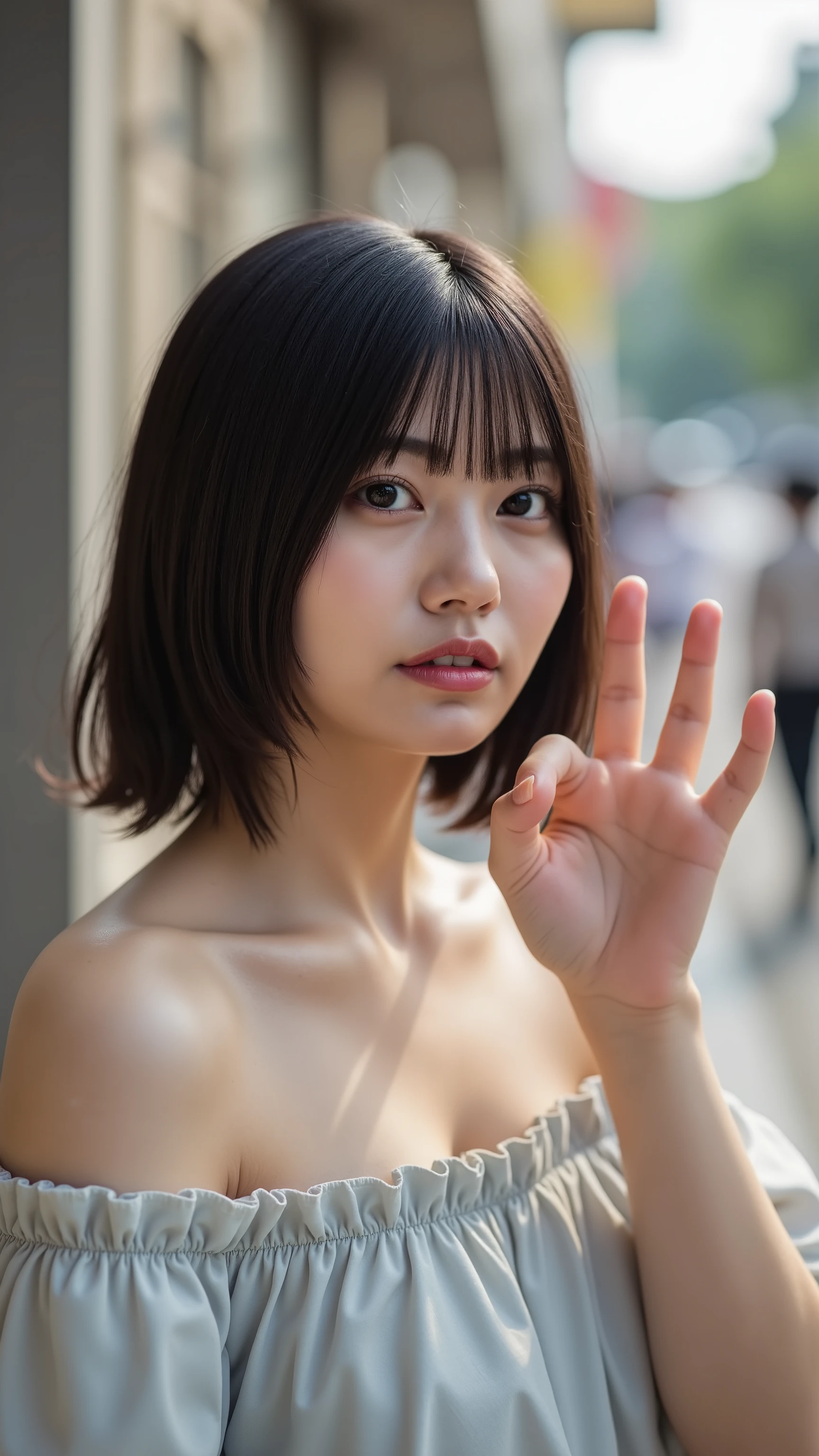 a high resolution photograph of a Japanese young woman, (photo-realistic, realistic, masterpiece, best quality), Intricate details, extremely detailed, ultra high definition, 8k, film grain, lens flare glow, sharp focus, professional lighting, fashion shoot, solo, 1girl, (off-shoulder sundress), profile, upper body, pale skin, bob cut glossy hair with bangs, detailed face, detailed eyes, sophisticated nose, seductive lips, ok sign with hand as fellatio gesture, sensual face, outdoors, public indecency, exbitionism, humiliation, frowning, embarrassed,