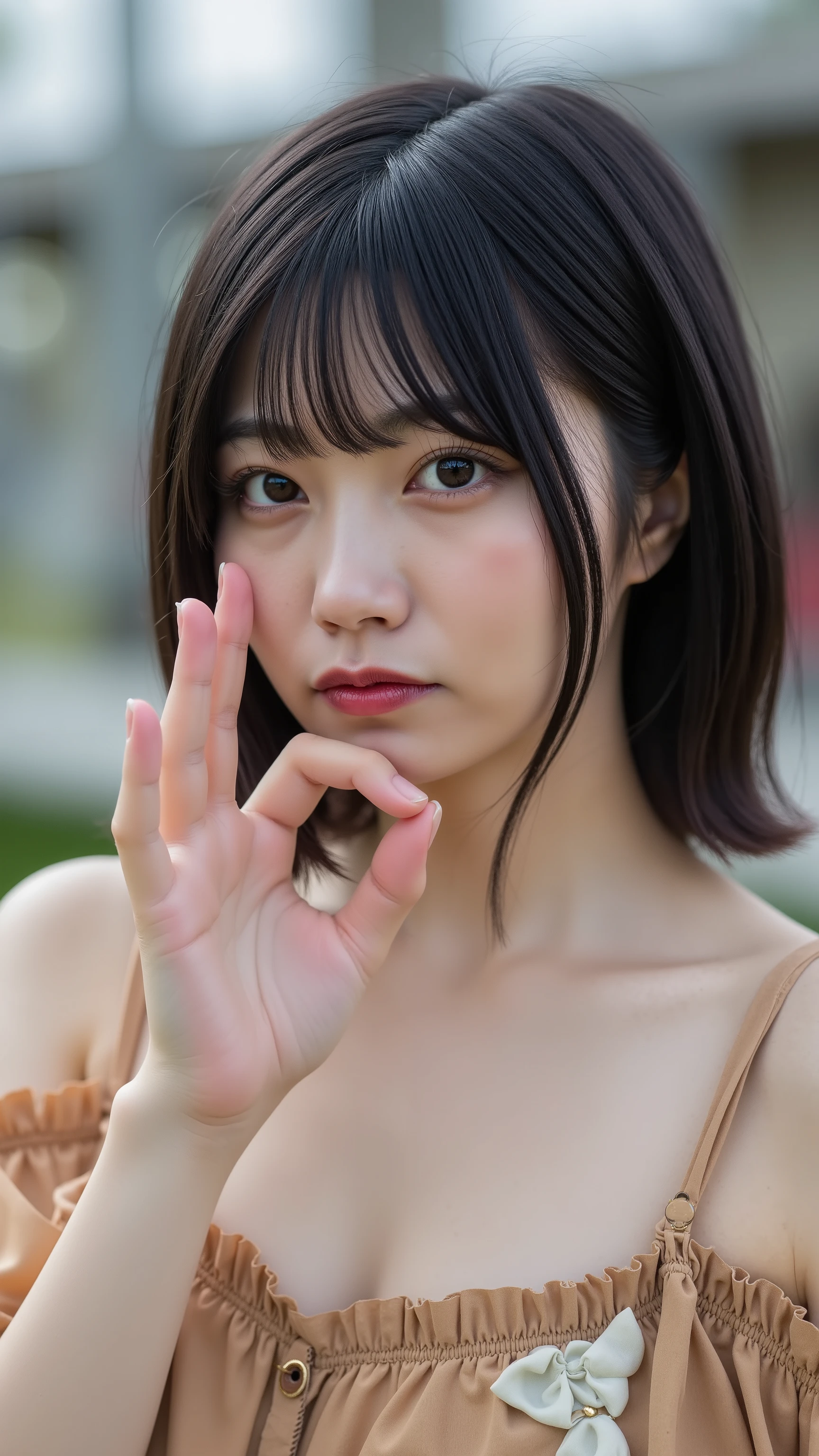 a high resolution photograph of a Japanese young woman, (photo-realistic, realistic, masterpiece, best quality), Intricate details, extremely detailed, ultra high definition, 8k, film grain, lens flare glow, sharp focus, professional lighting, fashion shoot, solo, 1girl, (off-shoulder sundress), profile, upper body, pale skin, bob cut glossy hair with bangs, detailed face, detailed eyes, sophisticated nose, seductive lips, ok sign with hand as fellatio gesture, sensual face, outdoors, public indecency, exbitionism, humiliation, frowning, embarrassed,