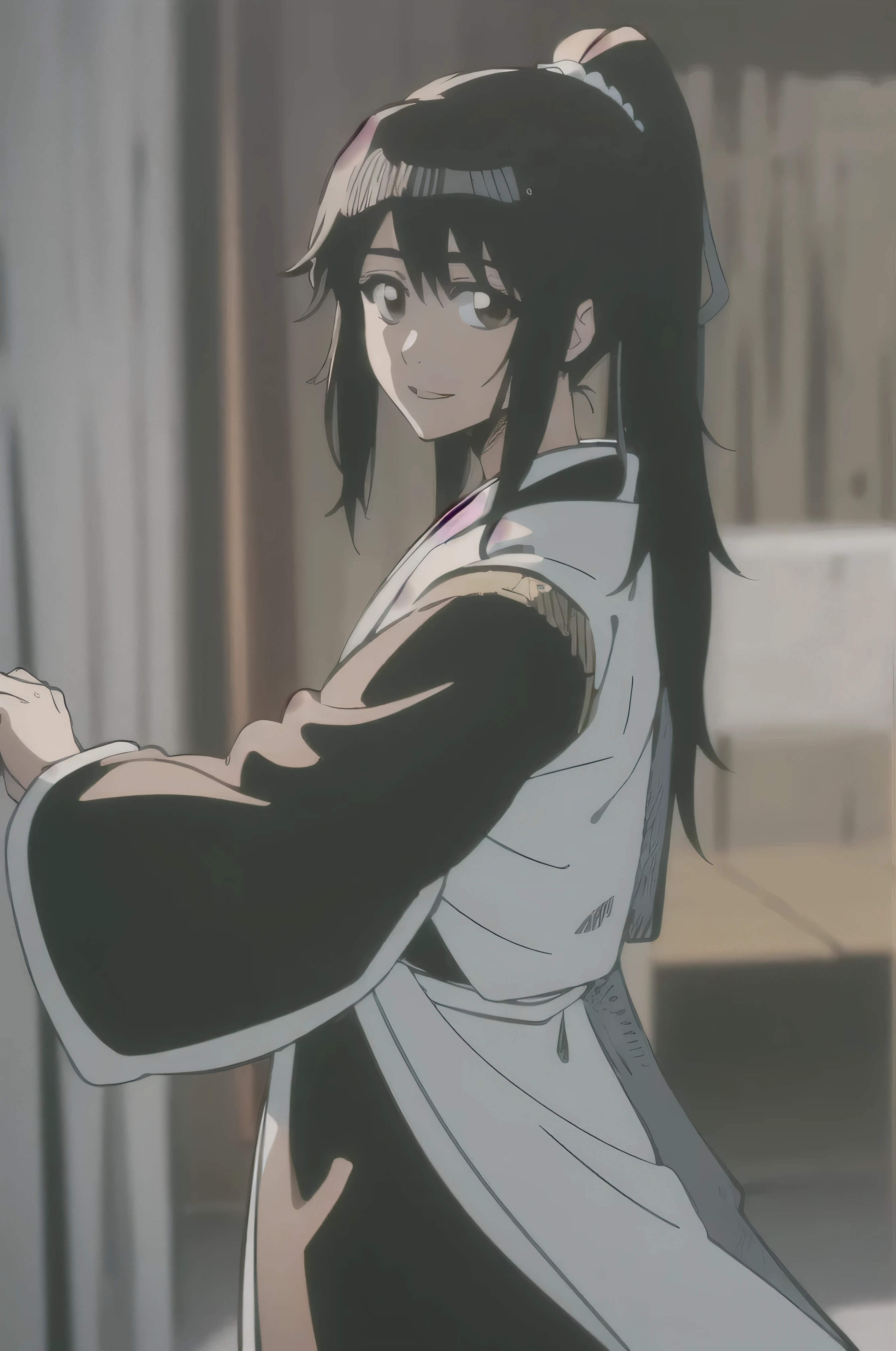 masterpiece, Highest quality ,
one girl from the side , romantic love , black hair, single , ponytail, Vancouver, brown eyes,
Hair bangs,
kimono, white sleeveless coat ,Captain's coat without white sleeves, black kimono ,
smile, alone, I'm looking for , simple background ,
