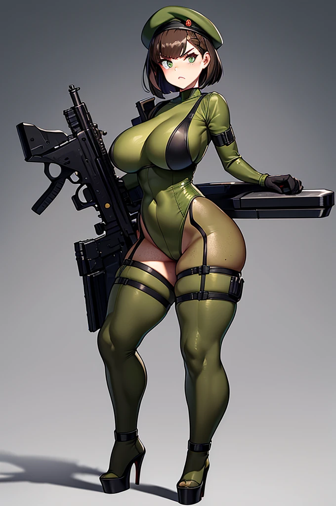 Cuberpunk, thick hips, thick thighs, platform heels, bandeau top, mini bikini, huge breast, thin waist, tight stockings, bob cut hair, weapon, tanned skin, gun, angry look, scream, military camouflage, thick body, (( very wide hips)), (((colossal Thighs, gigantic thighs, very huge thighs, very big thighs)))