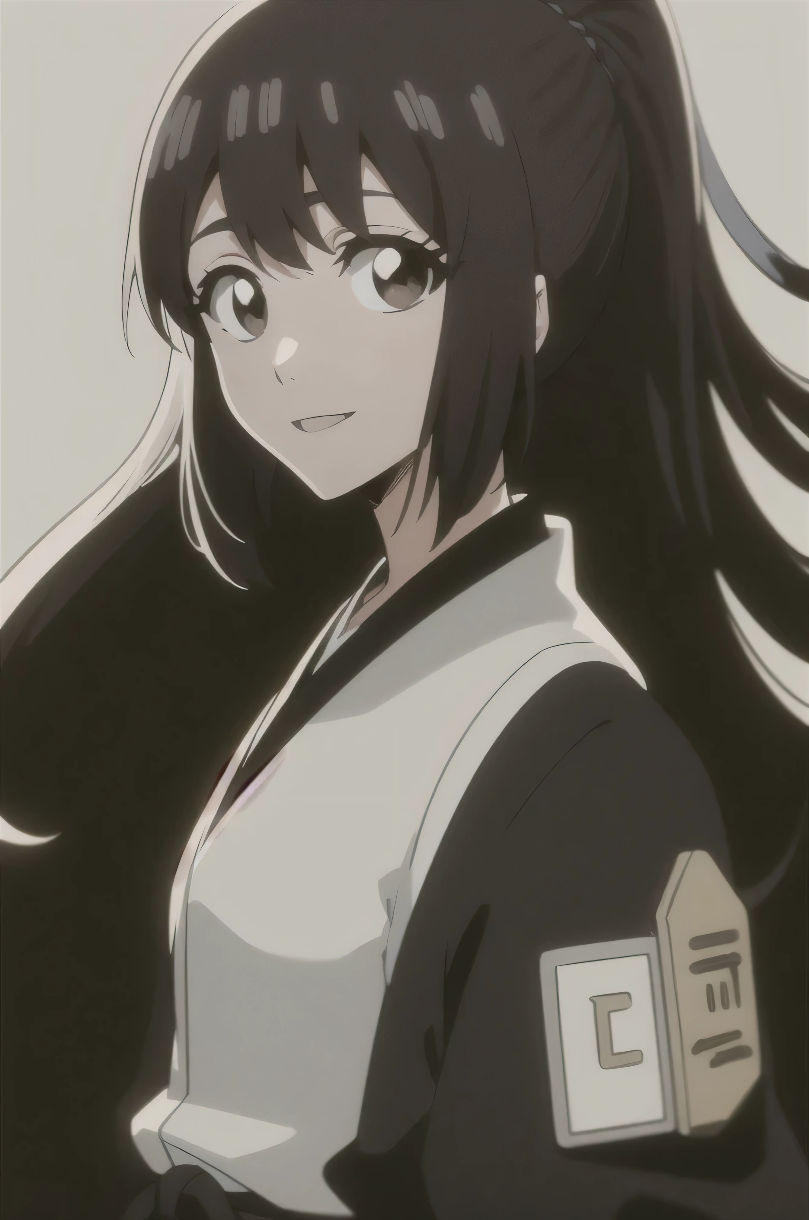 Masterpiece, top quality,
from the side 1 girl , romantic love, black hair, single, ponytail, Van Cover, brown eyes,
white sleeveless coat , Black Hakama,
smile, Alone, is looking, simple background, white background