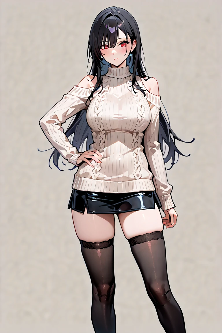 (8k、Best image quality、Highest quality、masterpiece)、Detailed face、One Girl、Black Hair、Twin tails、Bright Blue Eyes、Wicked Smile、((Grin))、Small breasts、((White knit))、Off the shoulder、Strapless、((Denim pencil skirt))、((pantyhose))、Cowboy Shot、entrance、Open the door、(A big, muscular black man hugging her from behind:1.3)