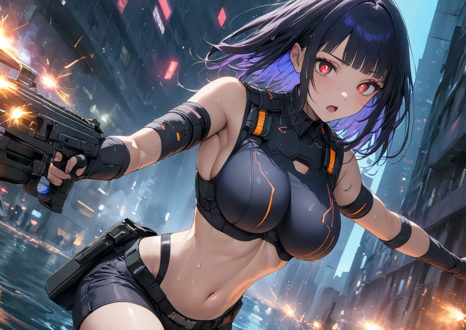 top-quality、masterpiece、超A high resolution、(Photorealsitic:1.4)、1人、bright blue hair、Straight hair, shiny and clean hair、White shiny skin、Sexy Cyberpunk Girl、((super realistic details))、Shadow、octan render、ultrasharp、hyperdetailed face、Fiberglass、Luminous tube、highly intricate detail、Realistic light、CGSoation Trends、(dark blue eyes with slit pupils)、(Facing the camera)、neon details、Mechanical limbs、Mechanical vertebrae attached to the back、mechanical cervical attaching to neck、Wires and cables connecting to the head、((valkyrie))、((Beam Cannon))、Combat stance、((seductive pose:0.8))、full body、glaring、