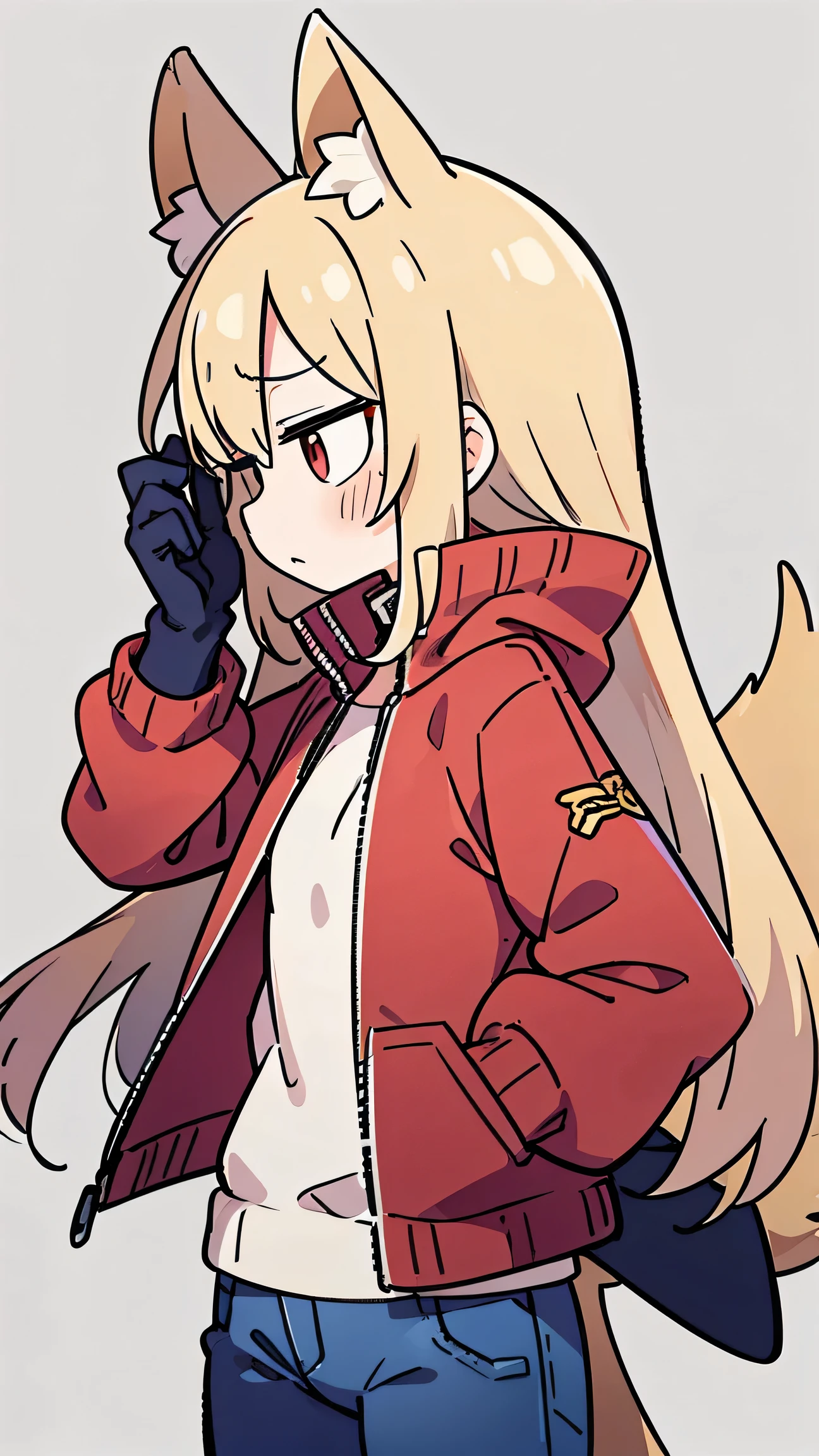 anime style、 cute face、 woman、 fox ears、gold hair、tail、 red eyes、 long hair、 red jacket 、jeans、profile、 gloves 、troubled expression、I'm holding a helmet with one hand
