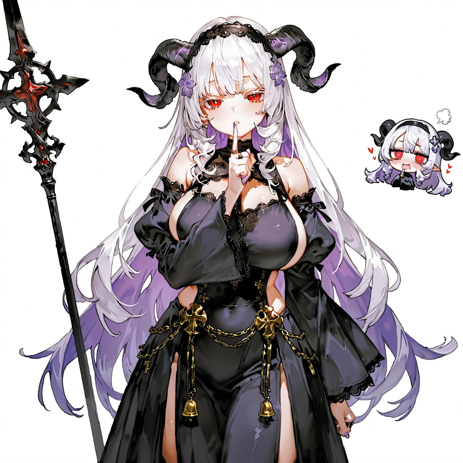 Leather bikini, horn crown, bare belly, big breasts, brown hair, red eyes, hunter