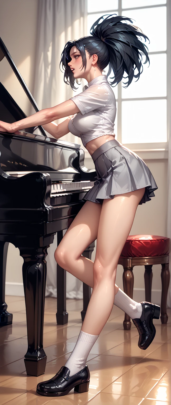 a  fat lovely wife。Look at you with tender eyes（Brown eyes）。One hand brushed his piano and let his bangs slide.，The other hand is behind his back。 is wearing short  dress（Sweaters）medium boob。Black stockings on the  fat legs（A detailed）。Wearing cotton slippers on feet。Dewy, smooth and fair skin。There is a cute hairpin on the head。Perfect fat body proportion。Beautiful fat figure。8 k hd wallpaper, white piano（modern style home）the soft light。Lie down on piano 。With a charming and charming attitude