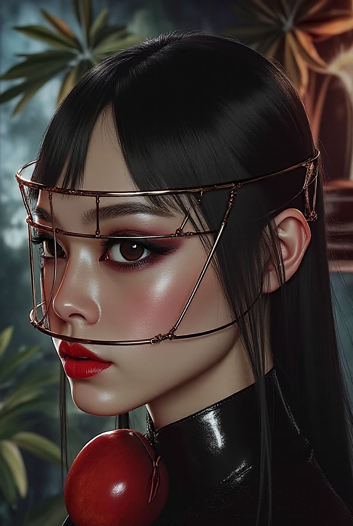 ((RAW photos)，absurdity of feather，(absurdity of feather分辨率))， masterpiece，the best quality，(extremely detailed 8k unity CG wallpaper)，( BEST ILLUSTRATION )，(best shade)，Realistic Lighting，beautiful and detailed brilliance，((21 years old))， girl，Long black hair，Black Queen，Accessories，Holding Apple，Poison Apple，Witch Queen， Red lipstick ，(((Her Photographic Perspective)))