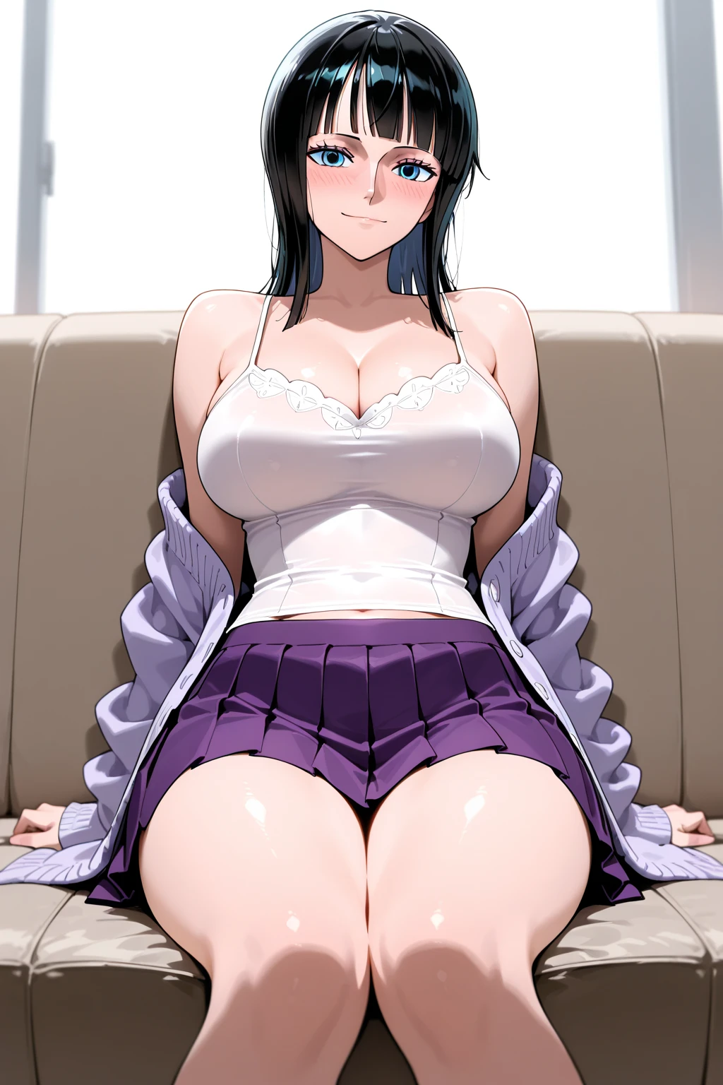 highest quality, (masterpiece:1.2), very detailed, sitting, mature woman,
1 girl, alone, Wipe Azusa,
looking at the viewer, smile, open your mouth, crossed legs,
purple eyes, purple hair, short hair, green sweater, black bra straps, Green Jeans,huge breast,(round breast:1.2),cleavage
