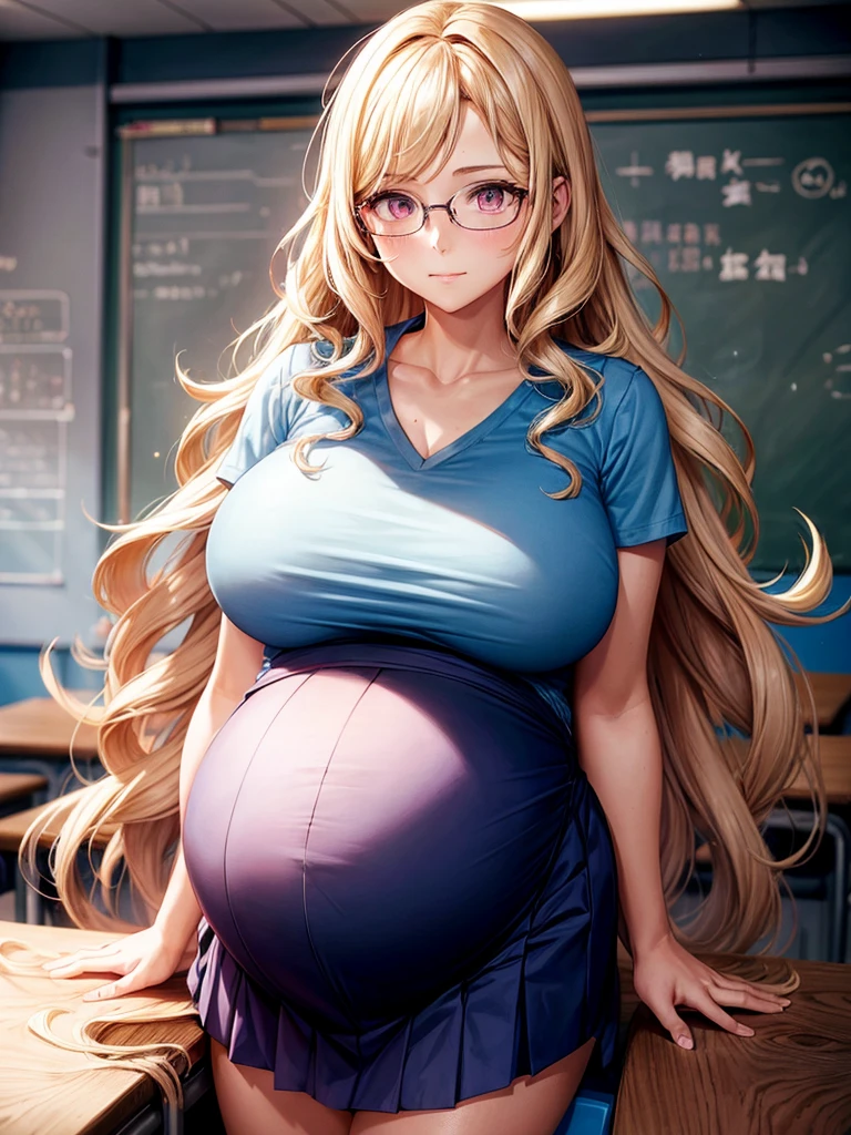 Adult Female teacher, blonde wavy hair, wears glasses, pink eyes, teacher uniform, ((light blue top)), ((dark blue skirt)), pregnant, (((big pregnant belly))), in a classroom.