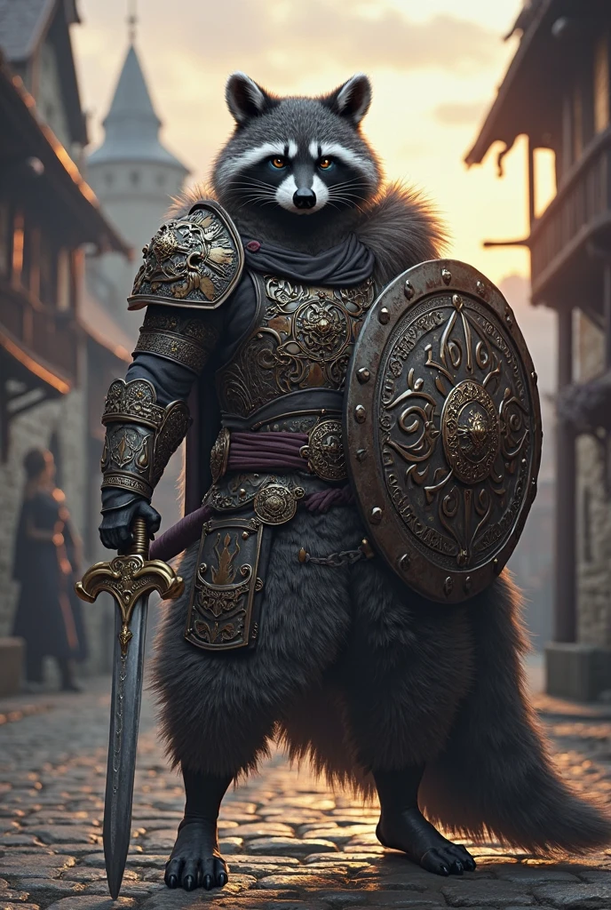 cowboy shot, digital painting of a (raccoon) knight, paws, (((wearing heavy corrupted black armour))), epic composition, best quality masterpiece, cinematic lighting, dramatic, sparks, epic background, professional majestic oil painting by Ed Blinkey, Atey Ghailan, Studio Ghibli, by Jeremy Mann, Greg Manchess, Antonio Moro, trending on ArtStation, trending on CGSociety, Intricate, High Detail, Sharp focus, dramatic, photorealistic painting art by midjourney and greg rutkowski