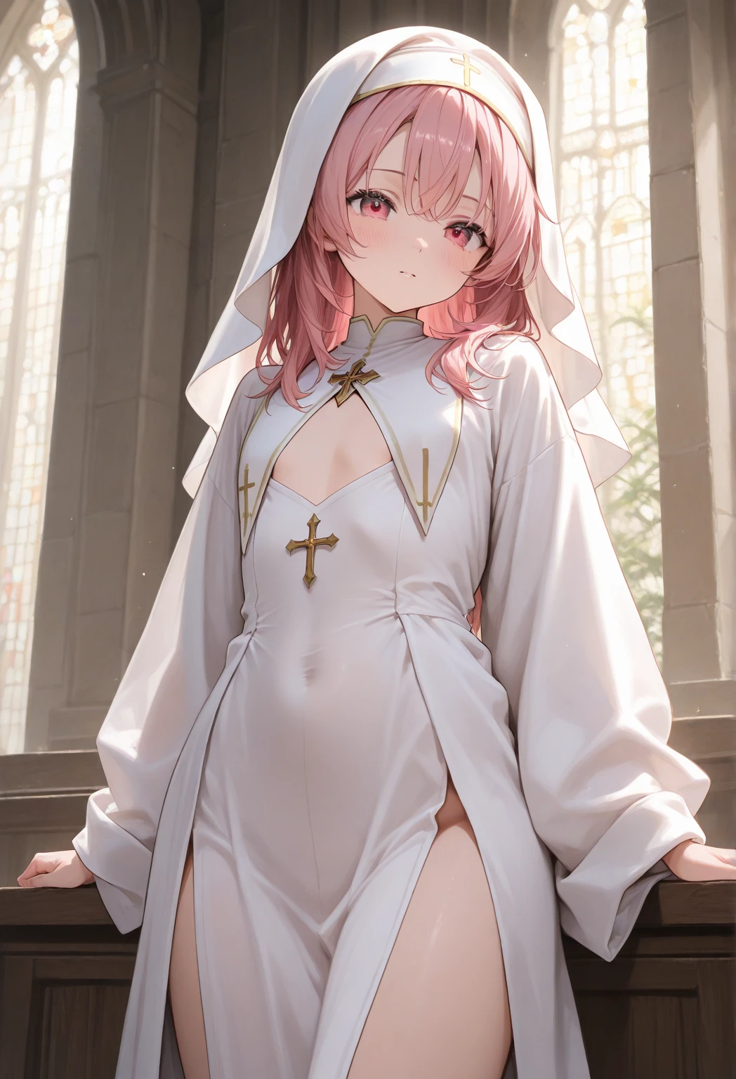 (masterpiece), (best quality), (ultra detailed),(disheveled hair),(illustration), (1woman), (????? hentai), sleeping, looking at viewer, (casual background),beautiful brown eyes, delicate beautiful face, ,(high saturation),(colorful splashes),(shining), kamisato ayaka, red hair, bangs, short hair, (shining), best lighting, best shadow. catholic cross necklace. sexy. excited. ????. blush. hentai (unclothed) (no clothes)(nipples in sight)(vagina) legs open revealing the vagina. (belly in sight)