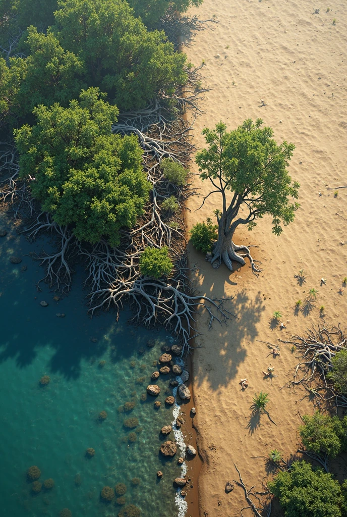 I need a mangrove full of life on the left side, and a dry one on the right side, divide it in 2 , On the right side the trees should be dry and more realistic