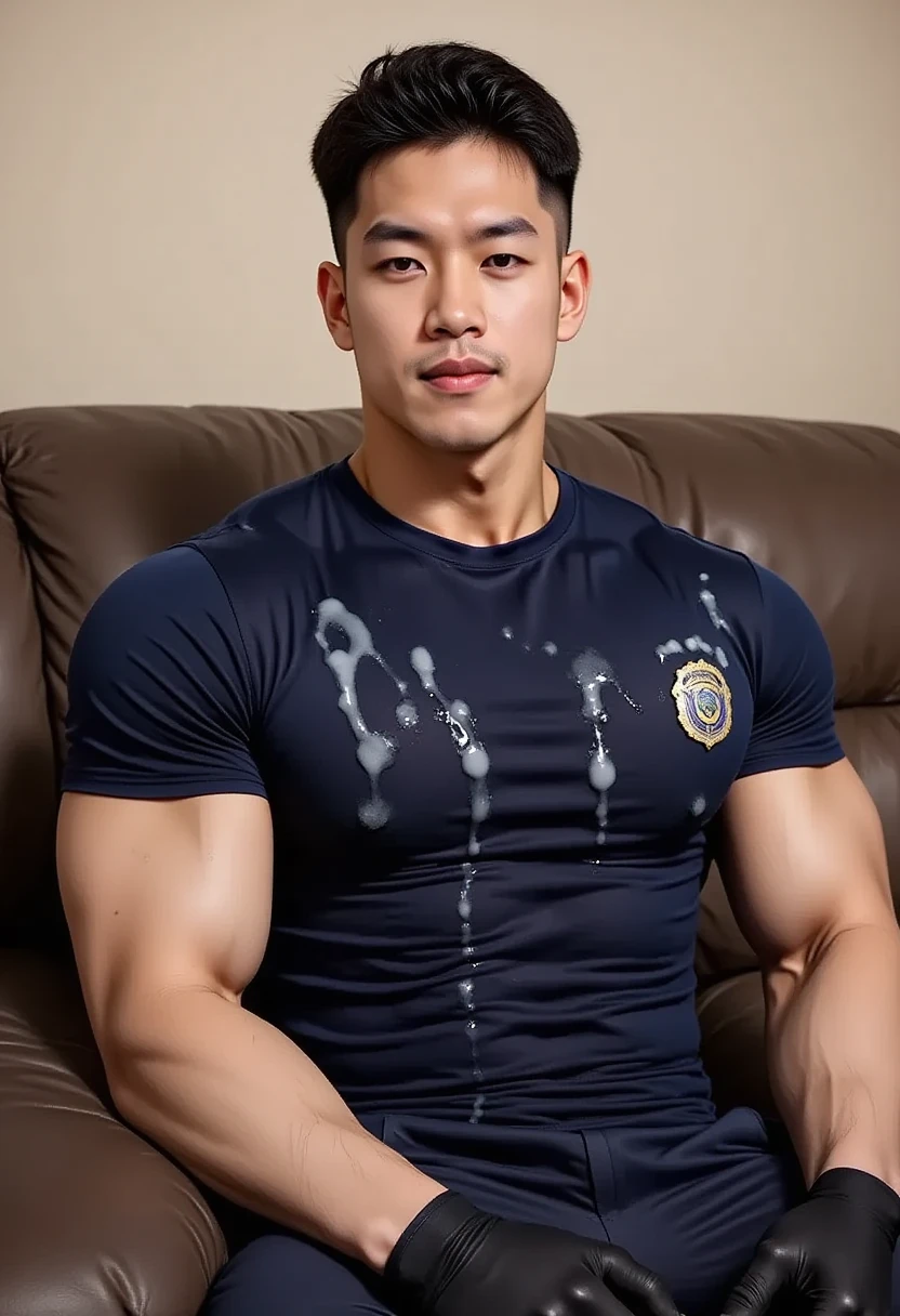 (NSFW:1.5) , ((Highest quality, 8K, Masterpiece: 1.3))、Thailand Laos Burma Asia, Thai man, A handsome Asian rugby player with short hair, a muscular beard, and big muscles., １A man who has、 yo、Good appearance、Beautiful nose、smile、 Detailed eyes and face、beautiful light、(studio)、high resolution、（Look at the viewer.）、Fine mouth、smile、whole body: 1.5, perfect shape: 1.3, Picture of both shoulders:1.3, Navy blue round neck t-shirt:1.5 , (genital very long big : 1.2),(Big testicles),(Erection of the penis: 1.2), (How:1.9)