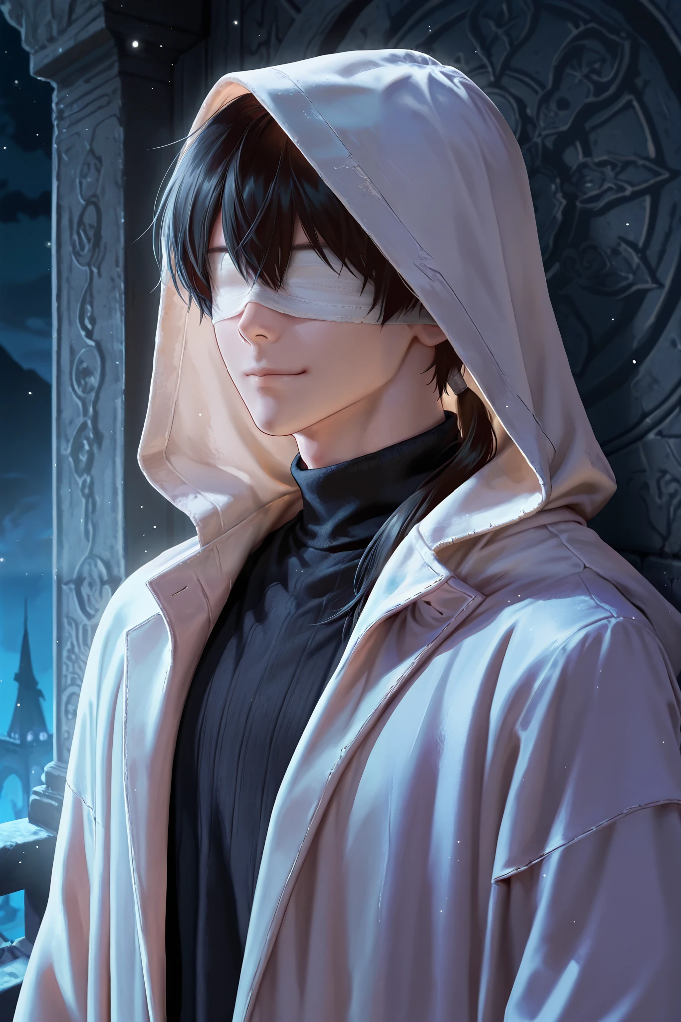 masterpiece, best quality, detailed eyes, semi realistic, 8k, boy, cool, small, white robe coat, black sweater, short black low ponytail hair, blindfold bandage, fantasy, solo character, wearing hood, white particles, fantasy temple background, night time, upper body, emotionless face, slight smile, lean against the wall