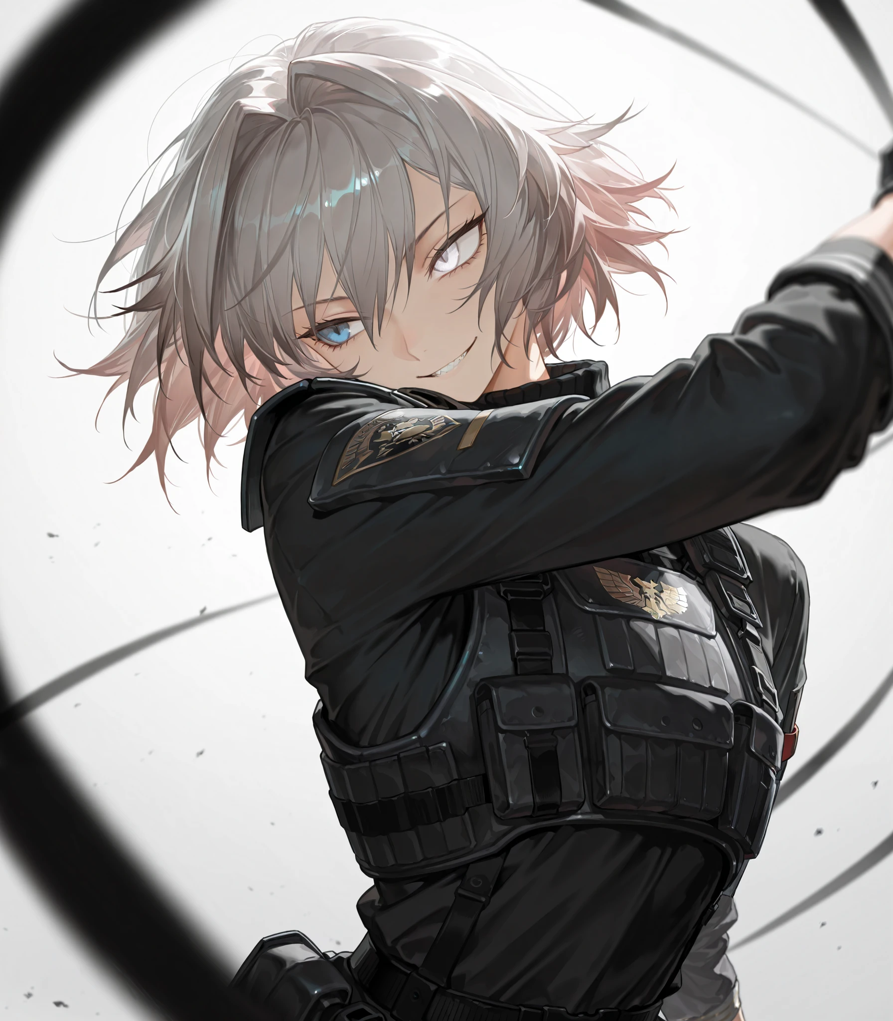 by [arknights|(748cmstyle:0.5)], mature, young adult, masterpiece, best quality, amazing quality, very aesthetic, high resolution, ultra-detailed, absurdres,
1girl, woman, solo, alone,r, (dynamic pose, angled shot, upper body focus, medium shot:1.2), head tilt, snarl, tsurime, sexy expression, gray hair, blue eye, white eye, heterochromia, short hair, black shirt, femboy, (astolfo:0.11), soldier, black uniform, looking to the side
BREAK, depth of field, volumetric lighting
 