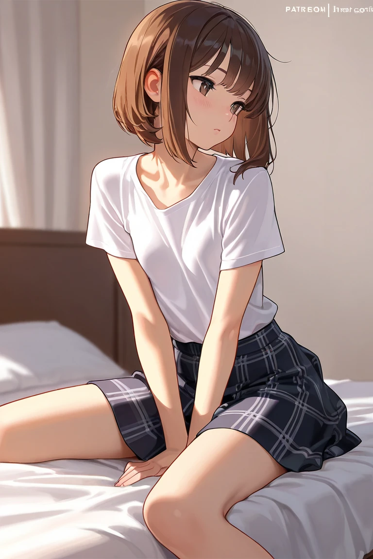 nsfw,Ms. Nagatoro,sex from behind,one woman,school uniform,spread legs,on all fours,lift up skirt,boobs,tiny breasts,vagina,butt,wet body,cute face,moaning,embarrassed,short hair,black hair,darkred eyes,from behind,on the bed,indoor,sex toys,illustration style,masterpiece, extremely fine and beautiful,illustration,female ejaculation,Japanese