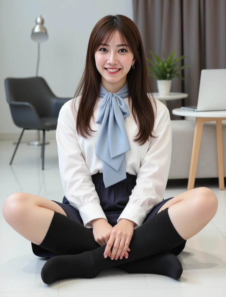 masterpiece,8k,highest quality,Ultra-fine illustration, big_file size, highly detailed face, perfect lighting, full color, OL, suitを着ている, (inside the office:1.5), detailed background, professional lighting, dynamic angle, Fine and shiny skin,big目), cute, 21 years old, (Photographed from the front), (squat:1.5), (suit, satin shirt,mini tight skirt:1.1),medium black hair, I can see white panties, (office background:1.5), smile