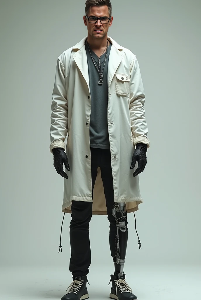 a skinny male character in cyberpunk style, remove muscles and glasses. a slightly worn white lab gown, Dark pants, and a futuristic mechanical prosthesis on one leg and one arm/Wear a prosthetic leg. feel like a crazy scientist