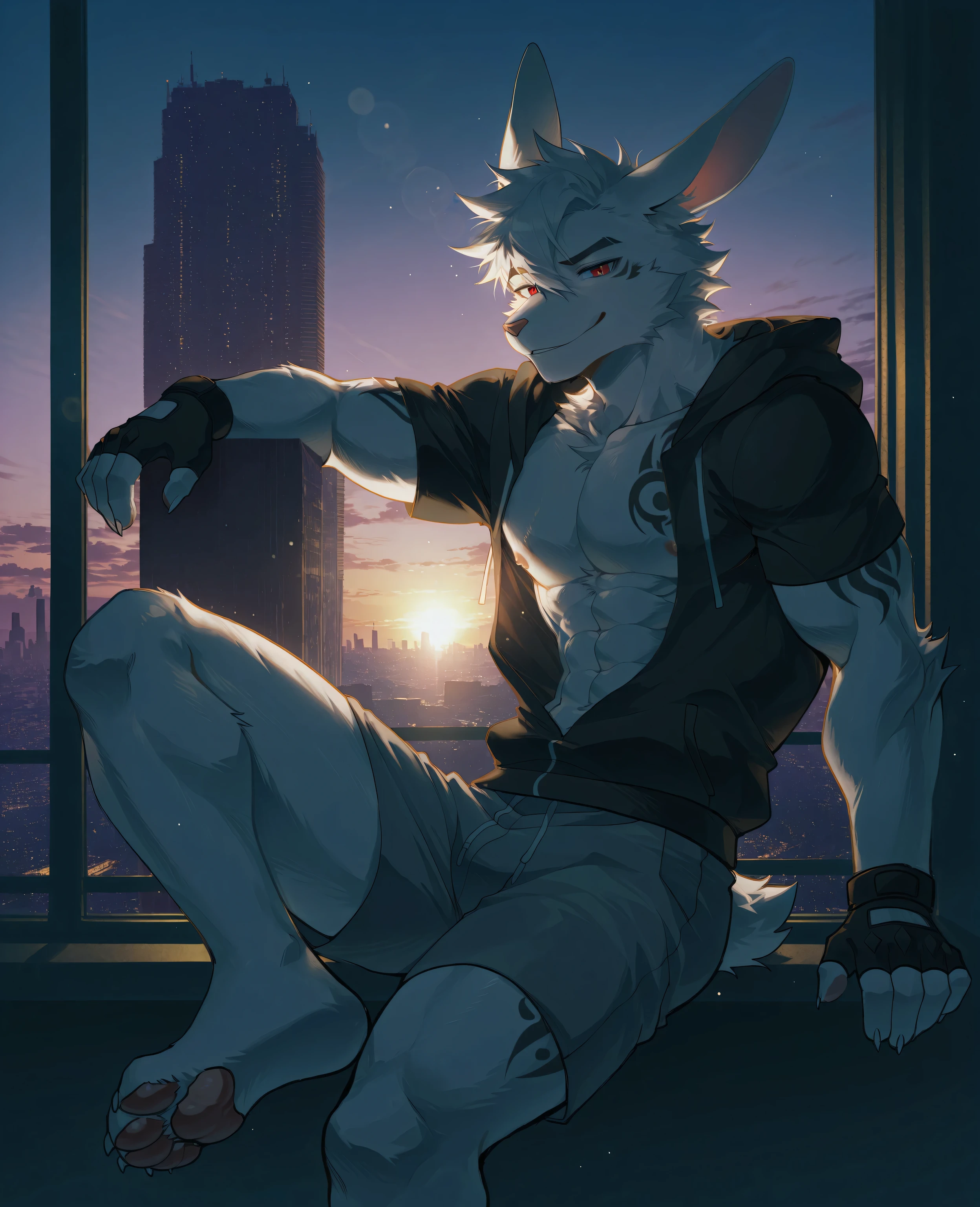 sfw,masterpiece,UHD,solo,highres,best quality,anatomically correct,furry male,male_focus,surrealism,(rabbit),collarbone,(white fur:1.5,),black tattoo,white hair,short hair,cocked eyebrow,snout,(detailed eyes,red eyes,detailed pupils,beautiful eyes),snout,animal ears,rabbit ears,absurdres,shapely,handsome,rabbit tail,cowboy_shot,(slender muscle:0.5),(transparent clothes,open black hoodie,nipples,short_sleeves,fingerless gloves,grey shorts,bare foot, pawpads),(5 fingers:1.1),(skinny:0.85),(peaceful face,seductive smile),cool pose,sitting in blank room,high level,leaning back,(in city,buildings,skyline,sunset glow,window wall),ray tracing,shadow,looking_at_viewer,from_side:1.3,(dim light, shadow:1.2),bokeh,detailed background,Tyndall effect,(city scenery),((beautiful detailed background)),break,(wolftapioca:0.3,chung0u0,(by zwm:0.6),(lindong:0.8),(by null-ghost:0.8),huashijw,(asteroid_ill:0.8),(smile \(qd4nsvik\):0.9),konya karasue)),cg,highres,sfw,