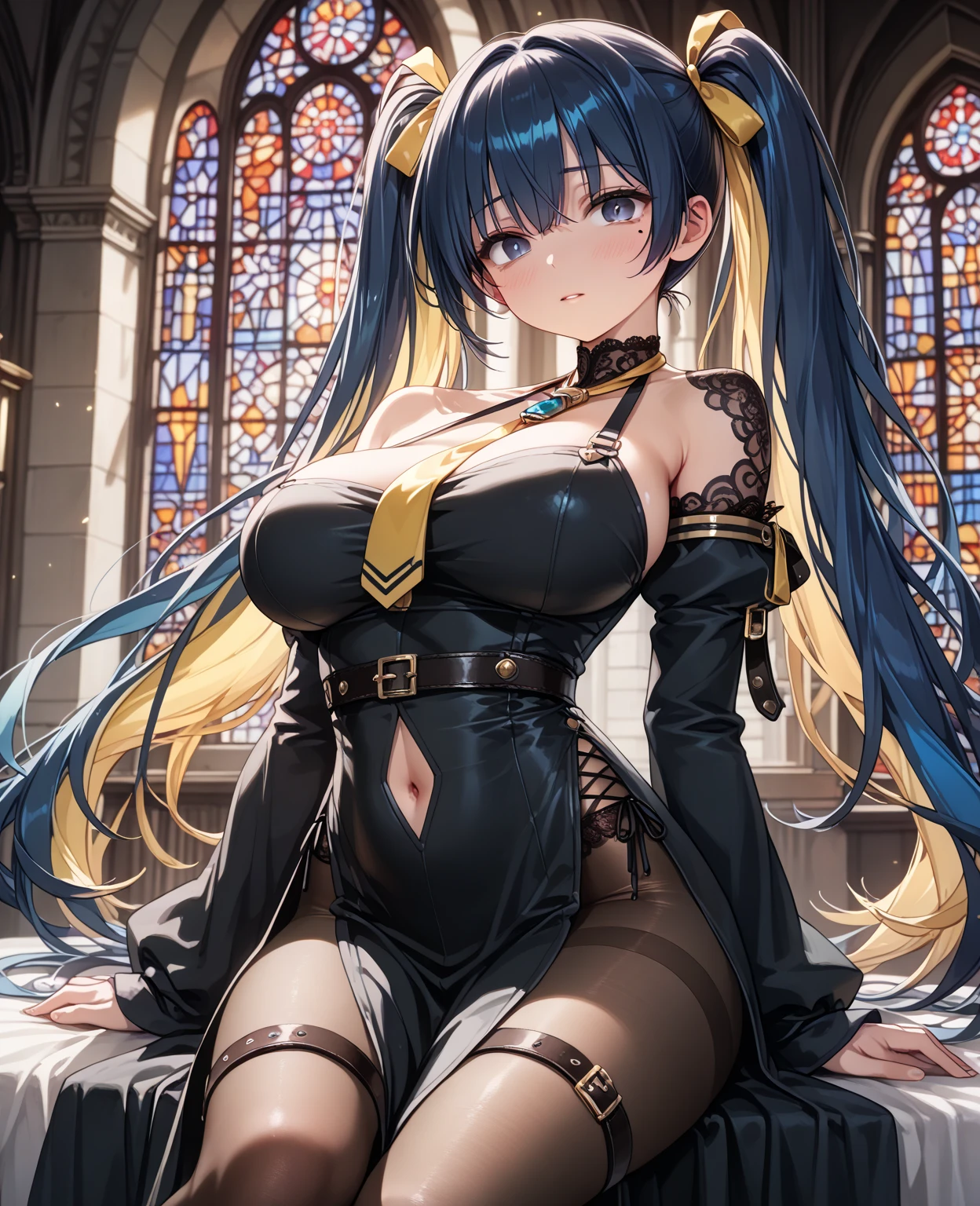 Anime Waifu beautiful detailed eyes, beautiful detailed lips, extremely detailed eyes and face, longeyelashes, 1girl, sensual, young woman, medium breasts, beautiful feminine face, nice thighs, slim, sexy, erotic, beautiful clothes, perfect body, cinematic lighting and framing, (best quality,4k,8k,highres,masterpiece:1.2),ultra-detailed,digital painting,portrait,glamorous,highly detailed,soft lighting,warm color tones One Girl、Big Breasts、Black Hair、Long Hair、Straight Hair、Ahoge、high school student、smile、Dark blue eyes、Blazer