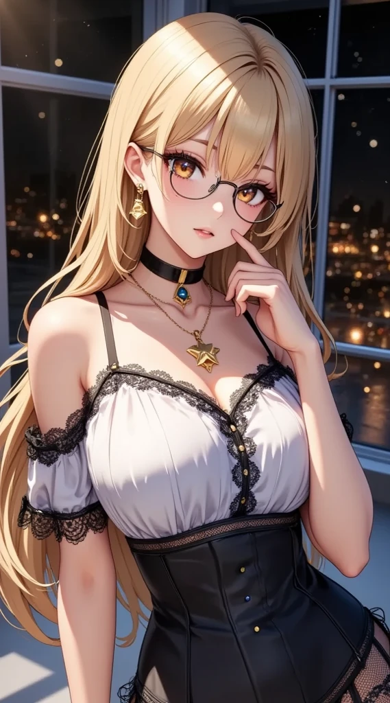 a pretty girl with glasses and blonde hair wearing gold accessories and a gold dress, 1girl, solo, long hair, tinted eyewear, round eyewear, sunglasses, jewelry, black hair, bangs