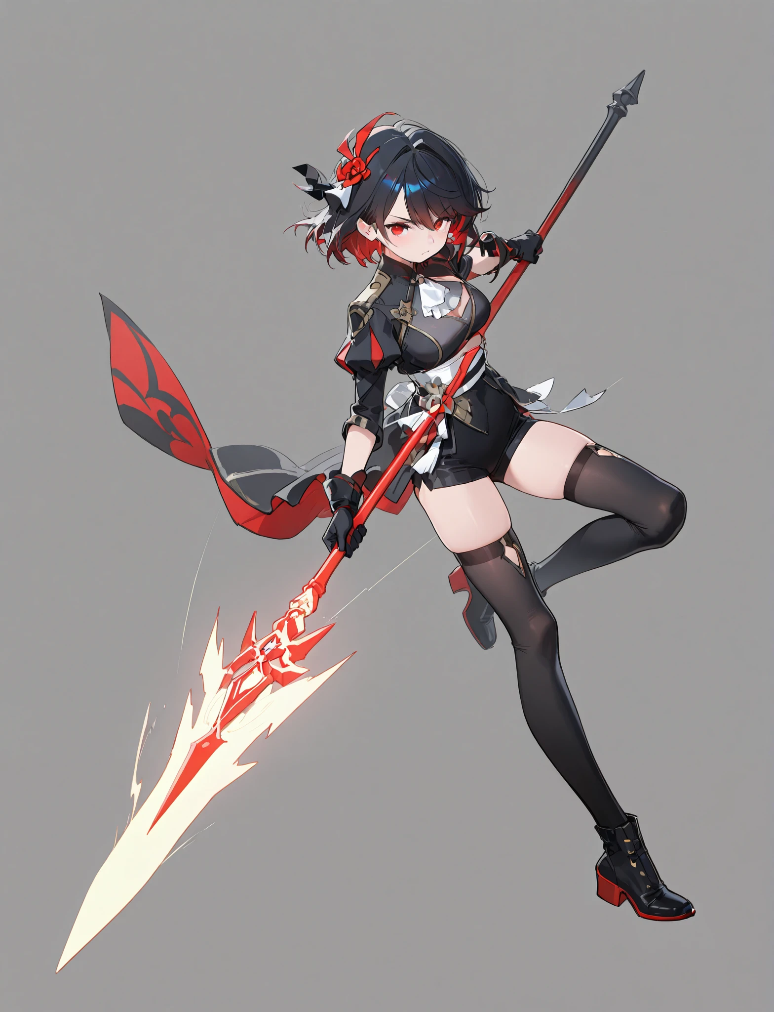 masterpiece, best quality, ultra-detailed, illustration,matoi_ryuuko,solo,1girl,senketsu:1.1,breasts,suspenders:2, thighhighs,multicolored_hair,revealing_clothes,skirt,holding,weapon,scissor_blade:2,underboob,blue_eyes,streaked_hair,short_hair,two-tone_hair,garter_straps,looking_at_viewer,microskirt, standing, elbow gloves,portrait,closed mouth, full body, front look, medium_breasts,pleated_skirt,planted sword, beach:1.5,ocean:2,high heels, navel,boots,thigh_boots