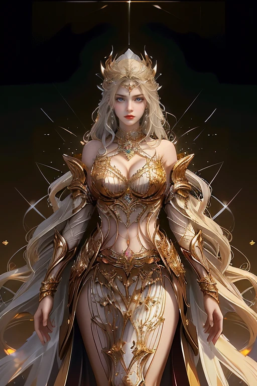 Woman in a golden transparent dress,view the viewer,(((Huge breasts, Large cleavage))),Slim waist,(navel baring,Bare waist), Long hair, Ultra-detailed details,High-end Zhenyi station, Rainstorm site, detailed fantasy art, Stunning character art, Beautiful and exquisite character art, Beautiful gold and silver armor, Extremely detailed, Girl in shiny armor, Exquisite tiaras and jewelry,Crystal jewelry filigree, milky ways, Stunning visuals, (dynamic streaks, light tracks:1.2), Vibrant colors, lots of bare skin, high amount of nudity, NSFW 100x