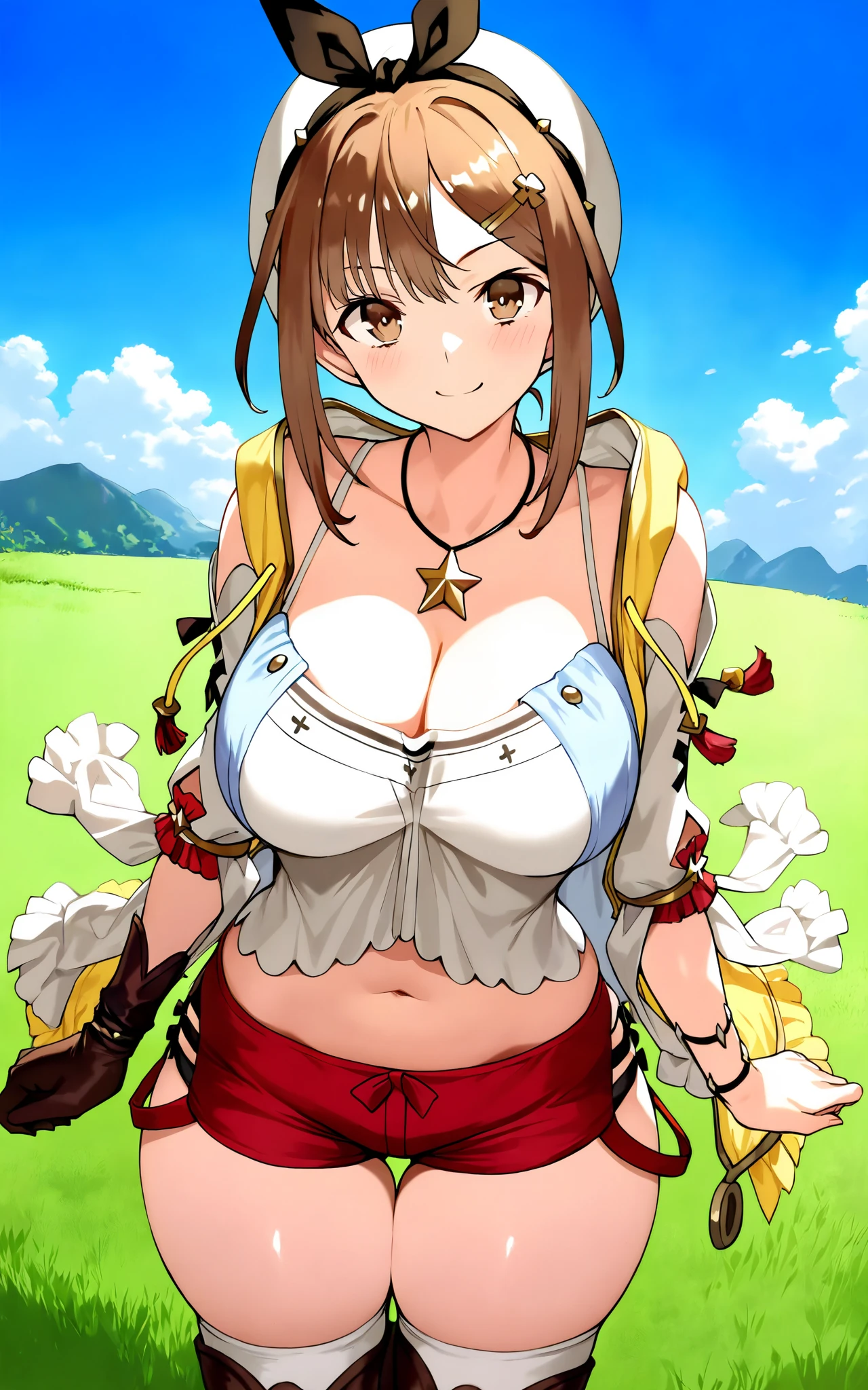 masterpiece,hentai anime character, I'm straddling a man's crotch, Ryza having intense cowgirl sex, (((Aggressive vaginal sex: 1.2))), favorite,Bounce and shake wildly,, 32K,Super detailed,Ultra-detailed,Big Breasts, Vibrant breasts, Short brown hair, shirt, Shorts, Red shorts, White Beret, Black knee socks, Ryza outfit, loungewear, {{A biological weapon that preyed on the sleeping Ryza and transformed into her appearance, Big  bouncing}}, Shake violently, Overall view, Town, NSFW