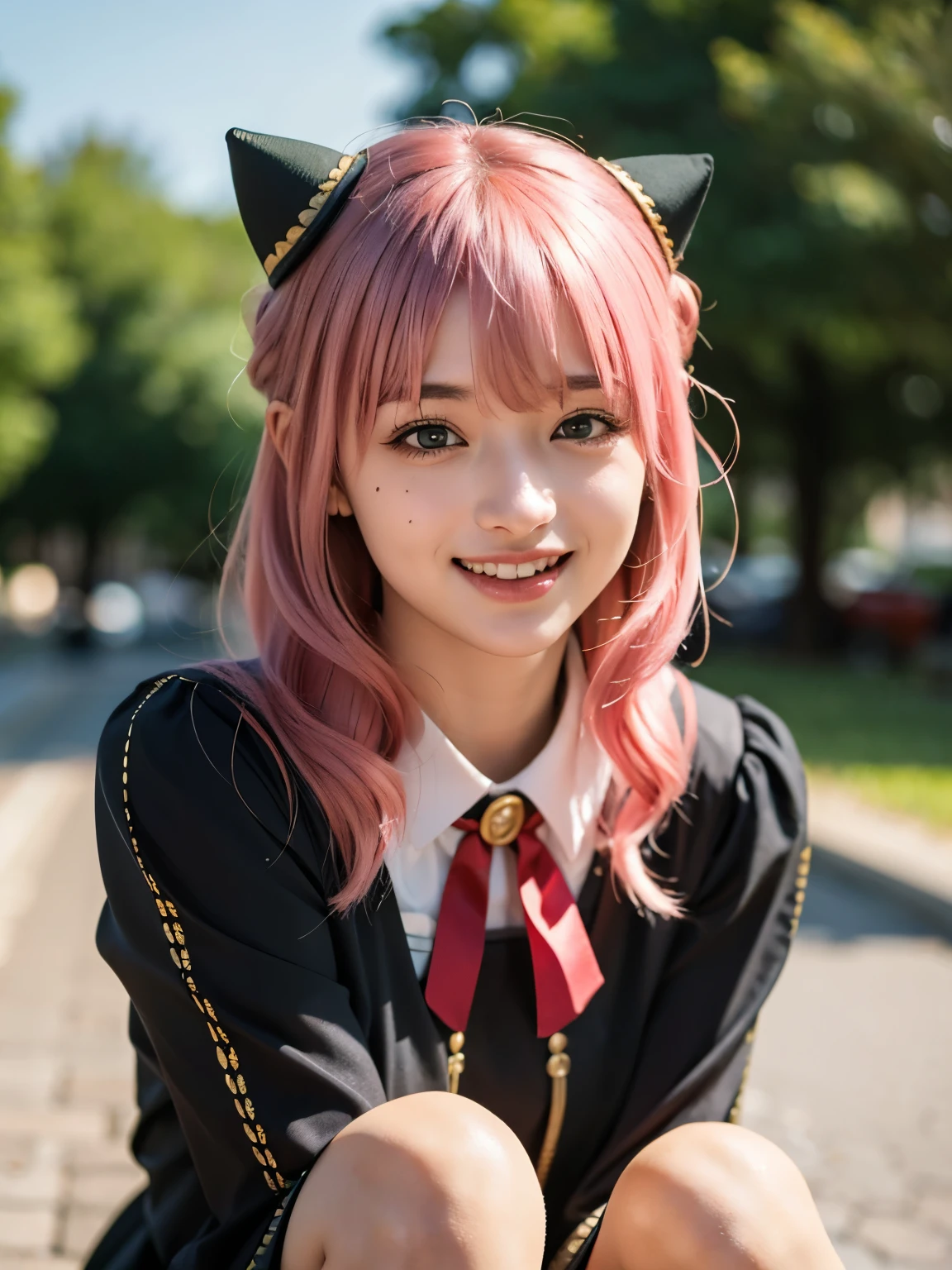 1girl, Alone, (cute Japanese girl), 18yo, Young female, slim body, (smile:1.2), Looking at camera, ,open mouth,upper teeth only,
break
upper body,
break
Professional photo-realistic images, (16k, RAW photo, best quality, masterpiece:1.2), (realistic, photo-realistic:1.4), (extremely detailed 8k wallpaper), sharp focus, depth of field, blur background, bokeh, cinematic lighting, soft light, High resolution 16k close-up of human skin,
break
perfectly round breasts,
break
Anya Forger, Anya, SPY X FAMILY
break
ahoge, medium hair, (pink hair), cone hair bun, hairpods, hair ornament, bangs, green eyes,
break
eden academy school uniform,
neck ribbon, red ribbon, wing collar, collared shirt, white shirt, black dress, long sleeves, gold trim, black socks, mary janes,
break
Old town in Germany, Nuremberg