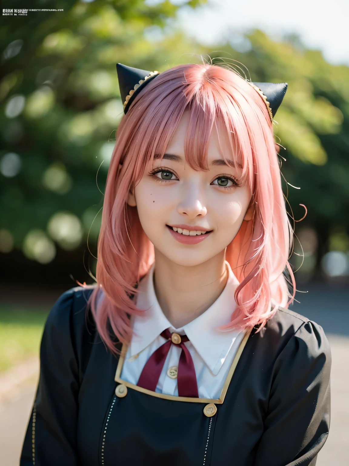 1girl, Alone, (cute Japanese girl), 18yo, Young female, slim body, (smile:1.2), Looking at camera, ,open mouth,upper teeth only,
break
upper body,
break
Professional photo-realistic images, (16k, RAW photo, best quality, masterpiece:1.2), (realistic, photo-realistic:1.4), (extremely detailed 8k wallpaper), sharp focus, depth of field, blur background, bokeh, cinematic lighting, soft light, High resolution 16k close-up of human skin,
break
perfectly round breasts, 
break
Anya Forger, Anya, SPY X FAMILY
break
ahoge, medium hair, (pink hair), cone hair bun, hairpods, hair ornament, bangs, green eyes, 
break
eden academy school uniform,
neck ribbon, red ribbon, wing collar, collared shirt, white shirt, black dress, long sleeves, gold trim, black socks, mary janes,
break
Old town in Germany, Nuremberg