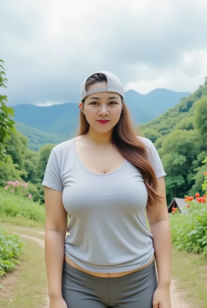 (8k, highest quality, ultra detailed:1.37), (Maria), 18yo, (a chubby Filipino college girl), embarks on a thrilling mountain hiking adventure. Dressed in a plus sized Outdoor Jacket and Leggings, she conquers the challenging terrain, out of breath, cleavage. The high-resolution image captures ultra-detailed realism, highlighting Maria's captivating eyes, long eyelashes, and smooth complexion. The majestic mountain scenery, with lush greenery and breathtaking views, adds to the adventurous ambiance, creating a visually captivating representation of nature and exploration.
