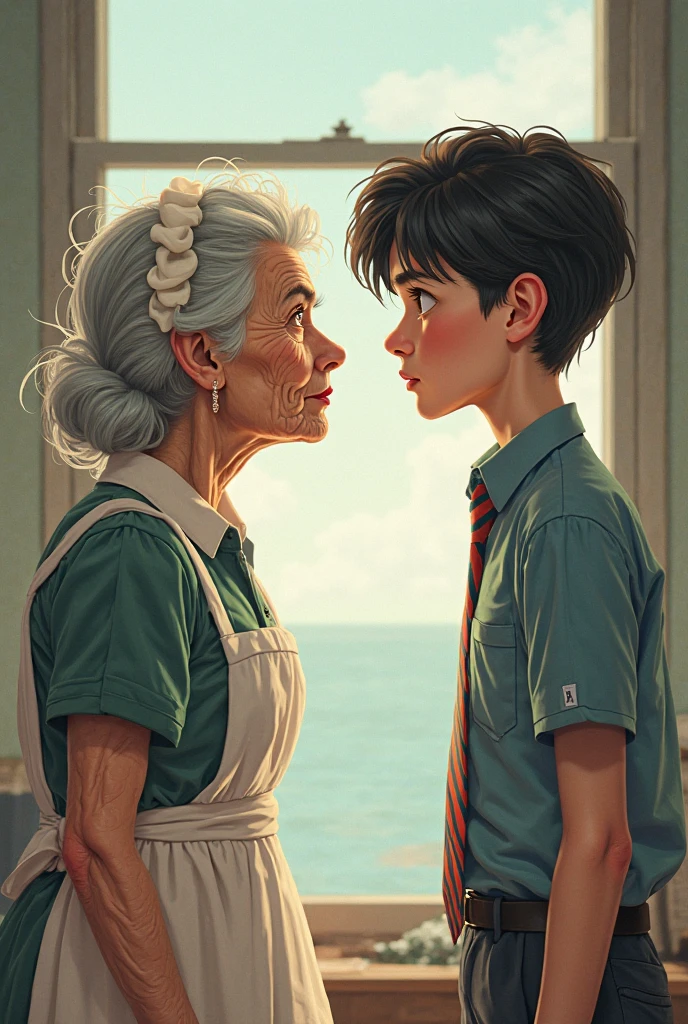 Young 17 year old demon boy with short hair talks to his 45 year old human mother with gray hair