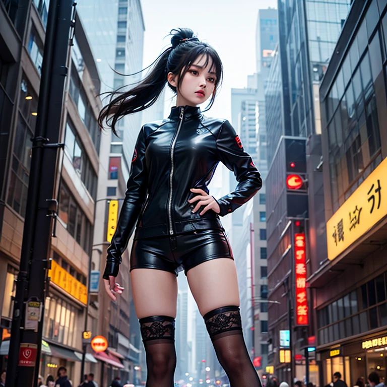 Profile, uma mulher usando apenas pantyrose e sutiã rosa e jaqueta preta, (((sitting on the edge of a bridge over the lake))), ela esta Profile, in black jacket, white  hair, White sneakers, perfil, sutia, pantyrose, looking at the horizon to your left, Tuuli, sunset, art cyberpunk style, cyberpunk 2 0 years. oh model girl, hyper-realistic cyberpunk style, cyberpunk vibes, cyberpunk style, hyper realist, Beautiful girl, BIG ASS
