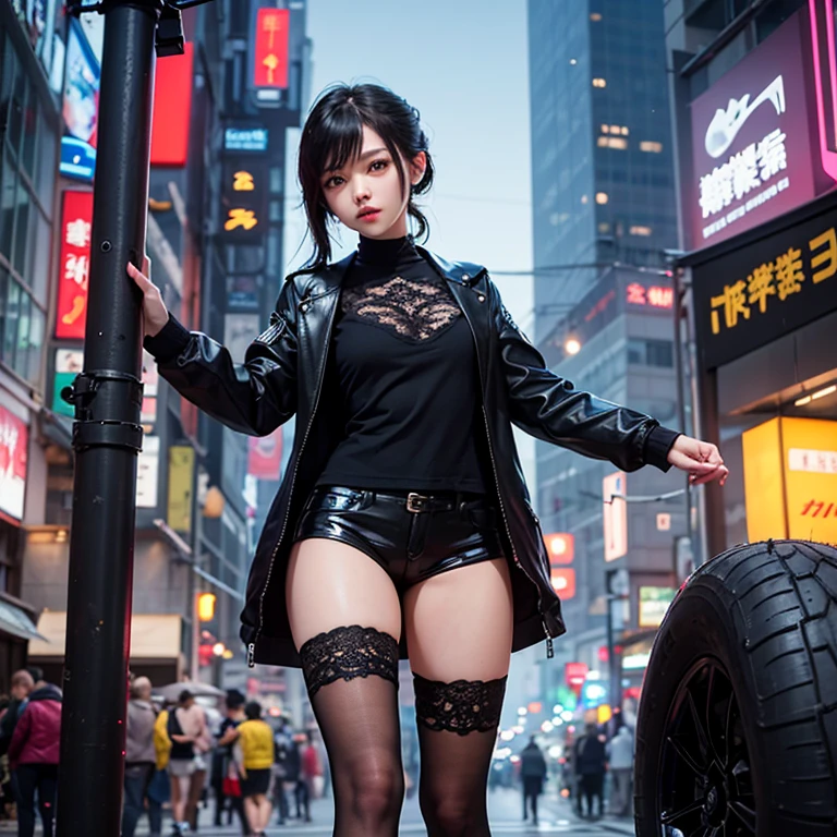 ((Rooftop of a building: 1,3)), ((Goth_punk, alone, Medium Shot, Walking the rooftops of Harajuku, ((night)), Blur, Neon Light, Rainbow Eyes, Starry Sky, Shiny black hair, White eyebrows, Shiny Hair, (Rainbow black hair), Earring, good, jewelry, Blunt bangs, Busy eyes, Background Blur, Blur, hair ornaments, sight, short hair, Portraiture, Side Lock break ((Swedish girl, White skin, White)),((Women&#39;s work suits:1.3)), break (Gal: 1. 1),(Glamour: 1. 3),(night),(Supermodel: 1.3)),break ((earring, ring)), Cowboy Shot,((Tall people)),((Android)),((Look Up)),((Top Angle:1. 3)), From above, looking at the camera,((Event Companion)),((Thin see -through)) Tight-fitting underwear with straps)),((black knee socks)),((big thighs)),(big butt),((Floral dress)),((Sheer Spring Sweater)),((Sheer Spring Sleeveless)),