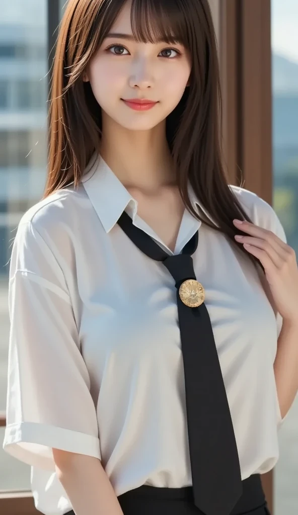 (8k,RAW Photos,Like the picture:1.45),masterpiece,Highest quality,wonderful,(セクシーなMature Woman:1),(Mature Woman:1.3), (2 woman.1.3)、(((very, very大きい)))、(((Extremely lewd and very huge boobs)))、(((Very deep cleavage)))、Hyper Real、In her office、A beautiful and dignified smile、Beautiful white skin、Beautiful, delicate and precise skin texture、With long, fluffy, beautiful brown hair(ponytail:1.0)、Beautiful Japanese Women、(Big Ass)、Thick thighs、Bright red lips、Gold earrings、Gold bracelet、Gold Necklace、{Charcoal gray suit(White blouse)}, (A badge bearing the SDGs symbol on the lapel of a suit)