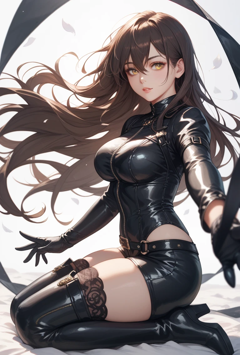 long dark hair / big tits / brown eye / goth / in white background